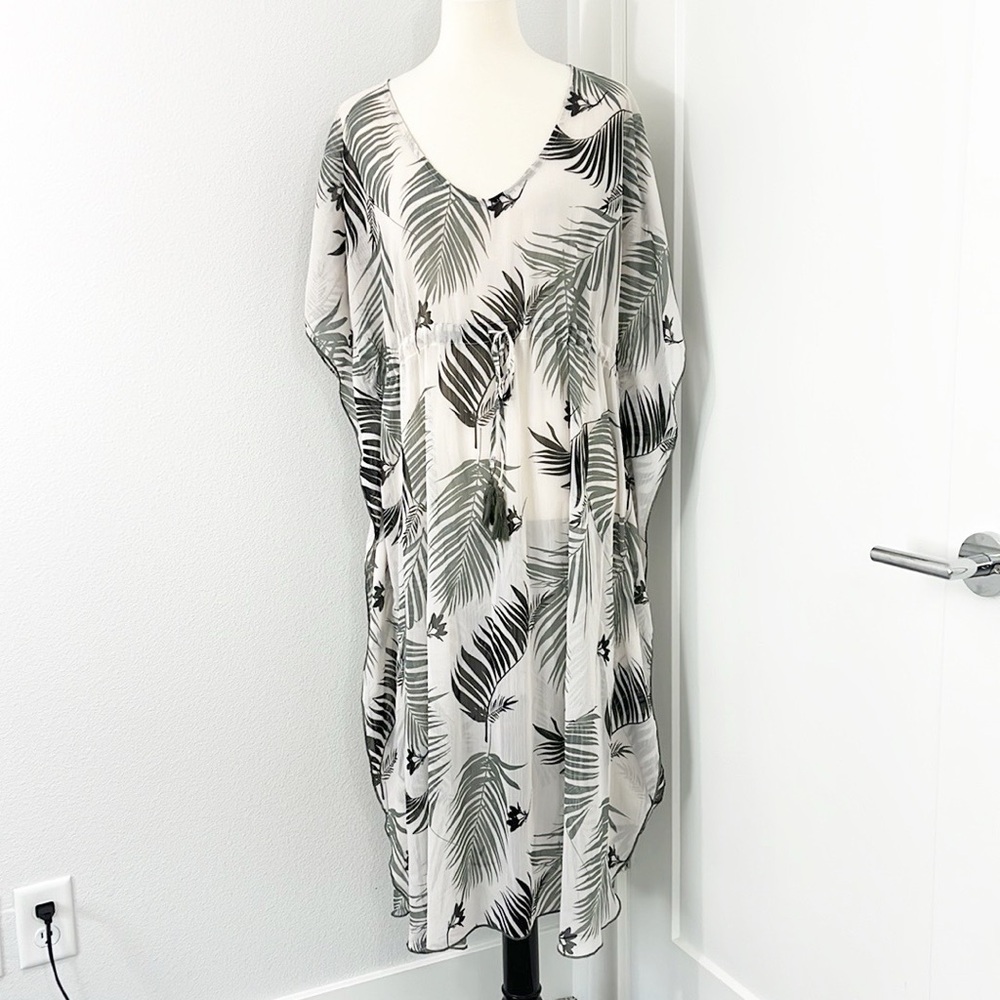 Kona Sol Large White, Green Swim Coverup with Tropical Leaf Design
